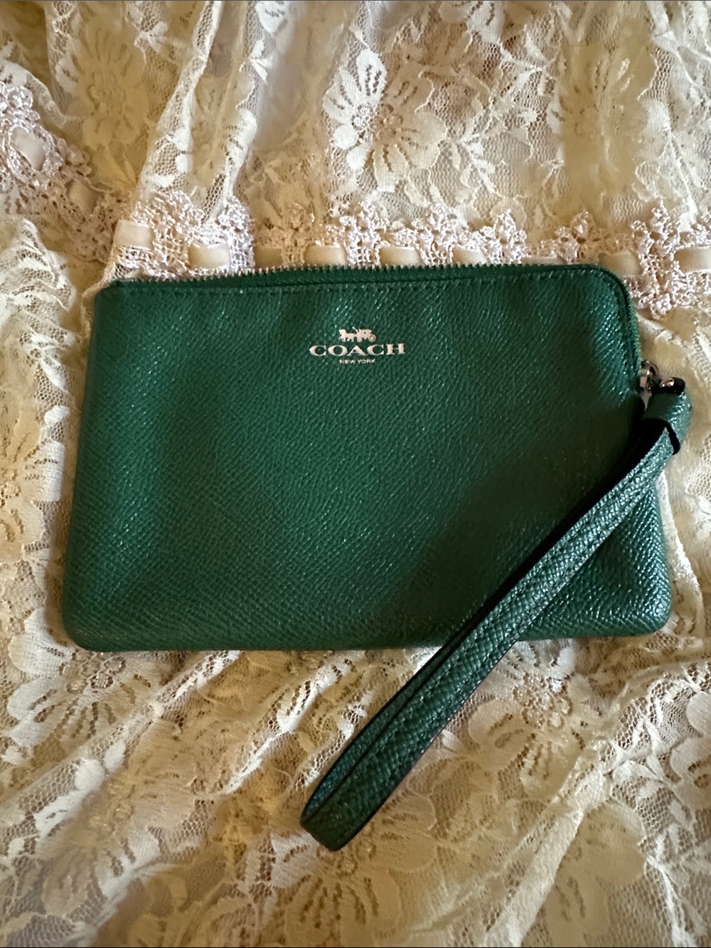Coach Emerald Green Pebbled Leather Zip Pouch with Silver Logo